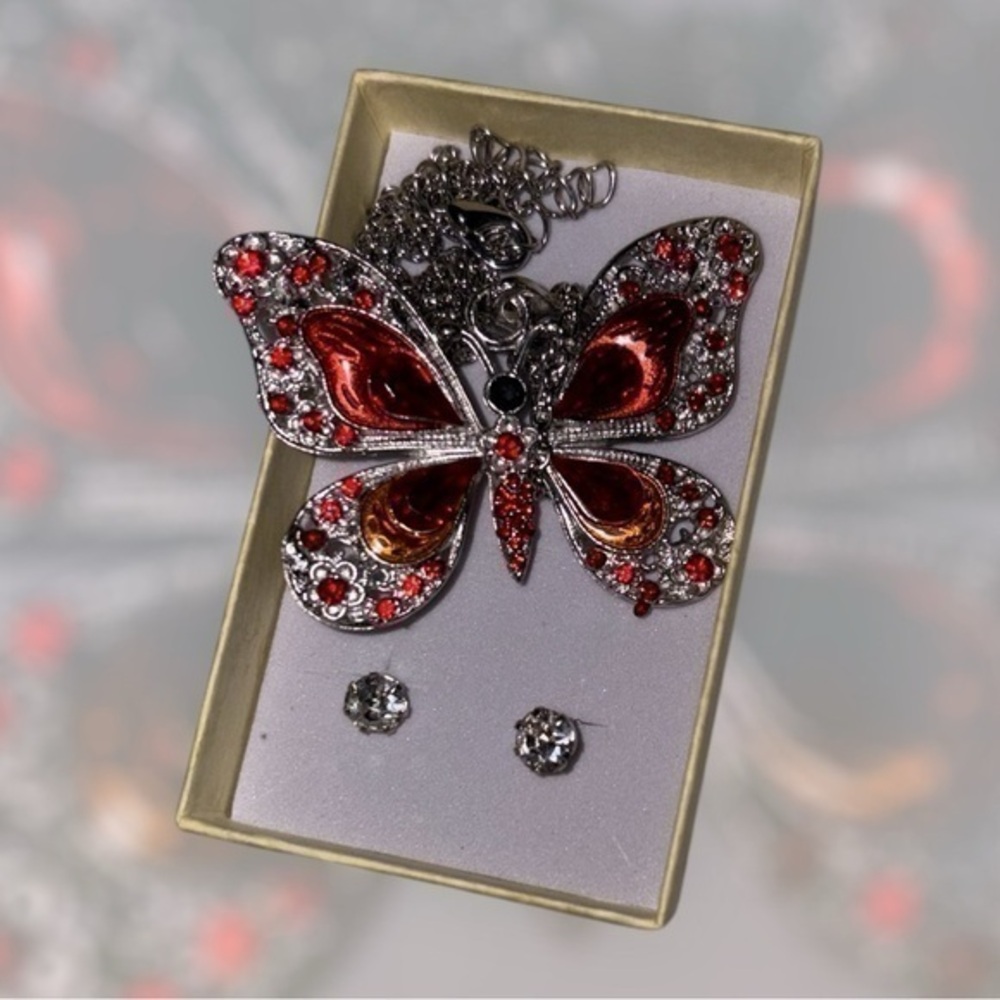 5/$25 NWOT Red & Orange Butterfly Necklace with Cubic Zirconia CZ Earrings